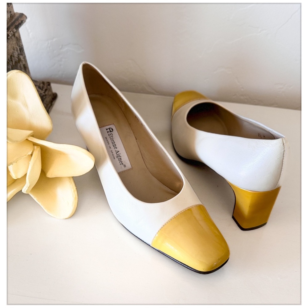 Vintage Etienne Aigner Leather Anne Marie Cap-Toe Block Heel Pump Yellow/Cream